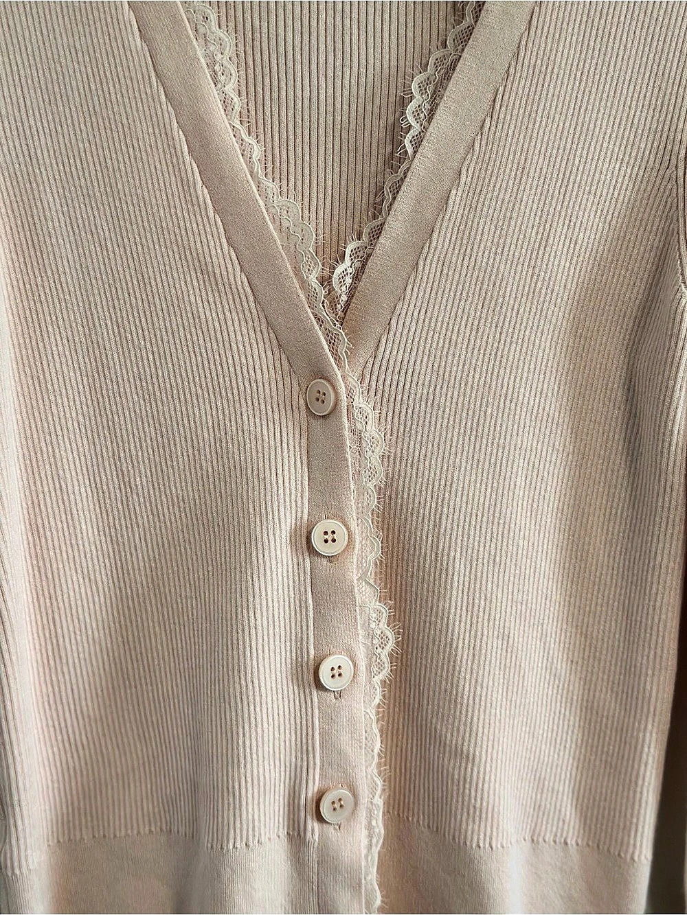LOFT Lace Trim V-Neck Pink Ribbed Cardigan - Picture 3 of 5